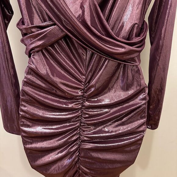 Gibiu Elegant Burgundy Metallic Shimmer Shiny Long Draped Dress Formal 1x-2x - Picture 8 of 8